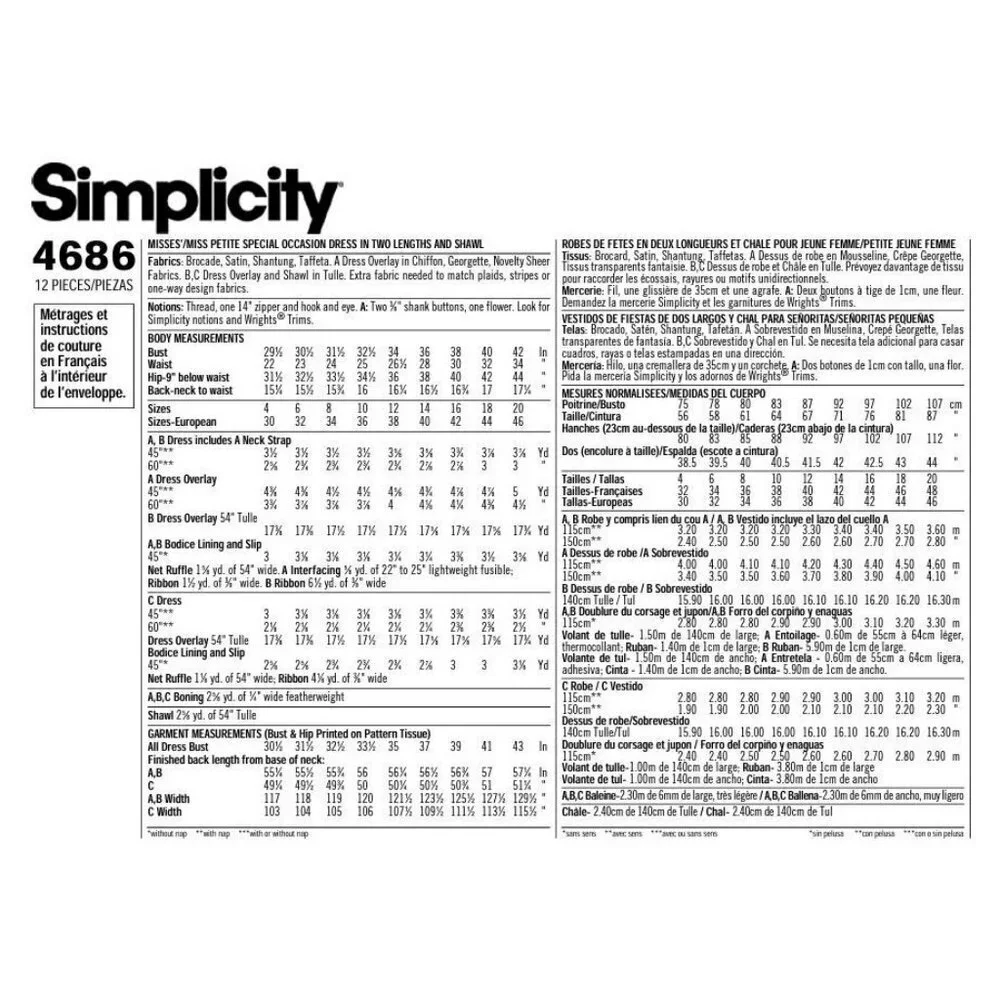 Simplicity Sewing Pattern‎ 4686 JESSICA MCCLINTOCK Gown Dress Shawl Misses 4-10